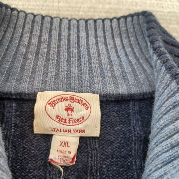 Brooks Brothers Wool Cable Knit Sweater Mens 2XL Blue 1/4 Zip Mock Neck Stretch - Picture 3 of 9
